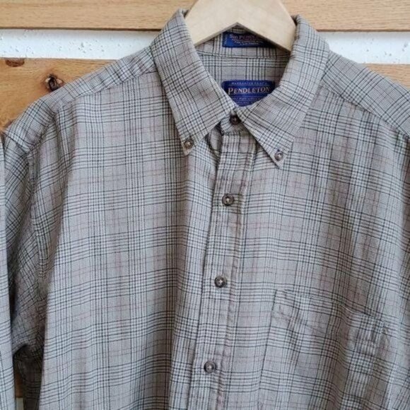 Pendleton Vintage Sz L‎ Brown Plaid 100% Wool LS Casual Button Shirt w Pockets - Picture 3 of 12